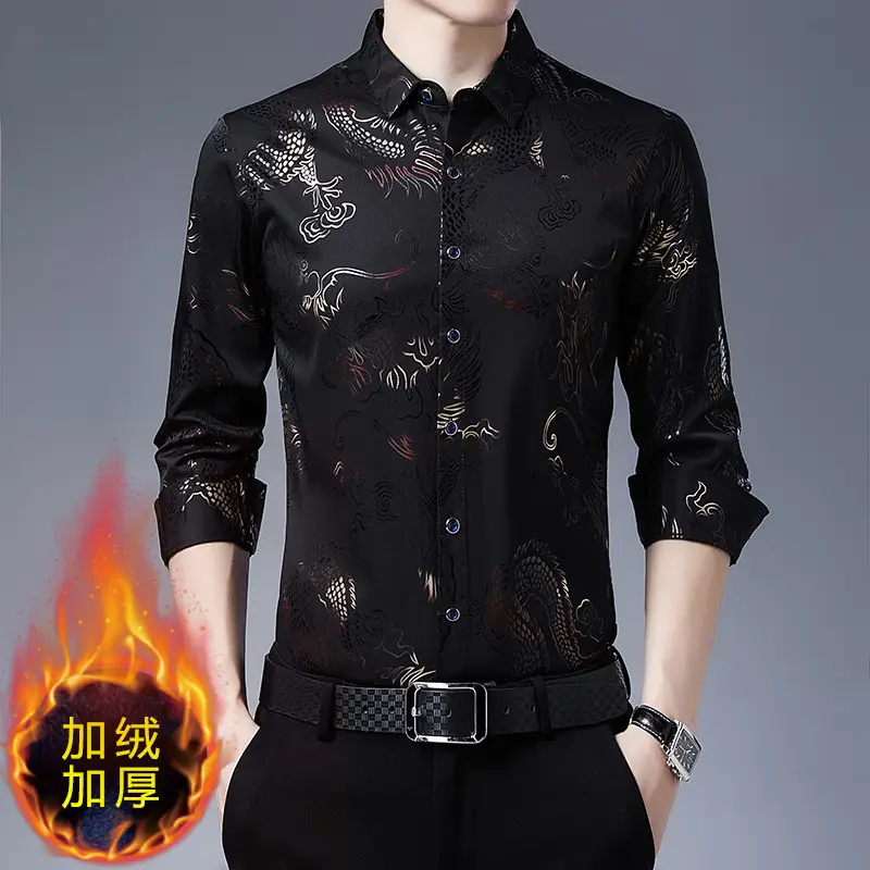 Men Velvet Dragon Pattern Long Sleeve Shirt Maroon - Image 8