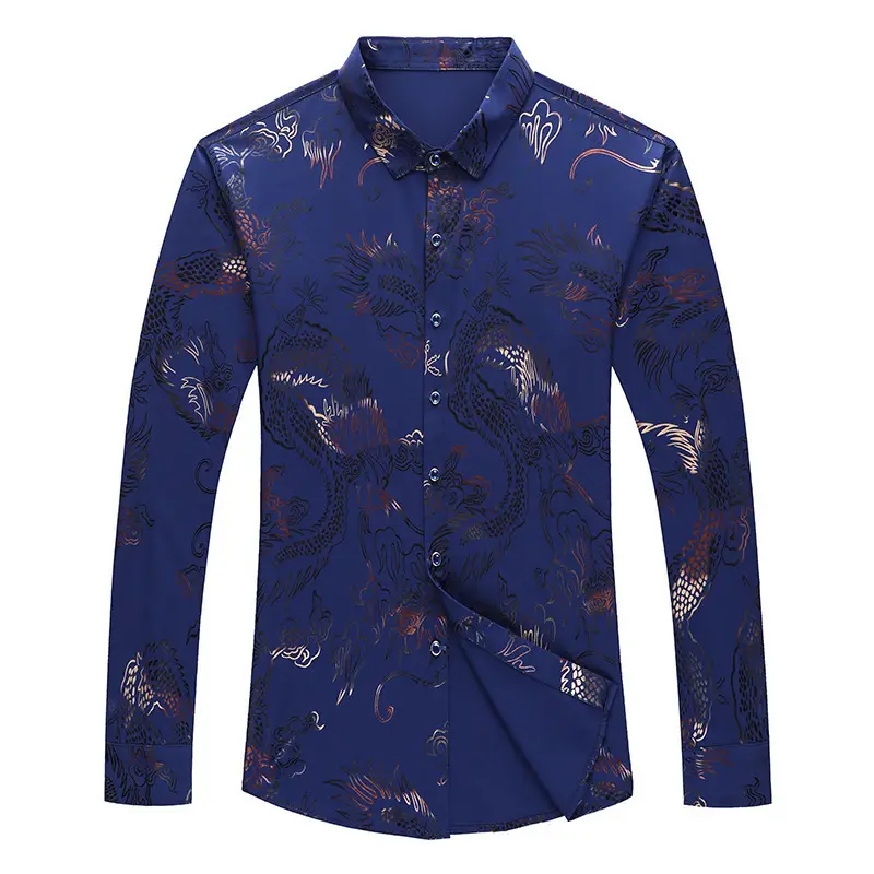 Men Velvet Dragon Pattern Long Sleeve Shirt Maroon - Image 10