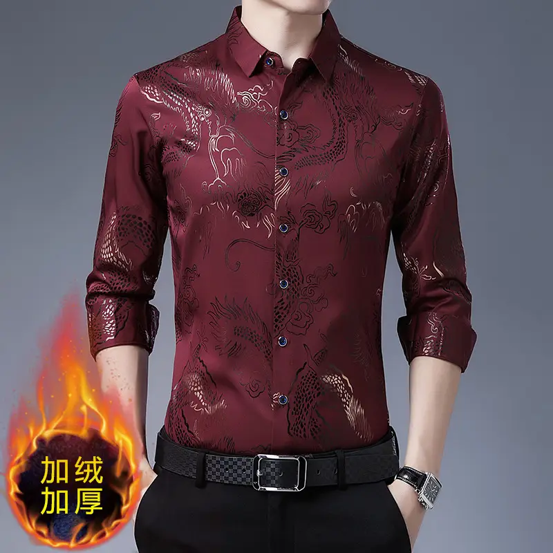 Men Velvet Dragon Pattern Long Sleeve Shirt Maroon - Image 2