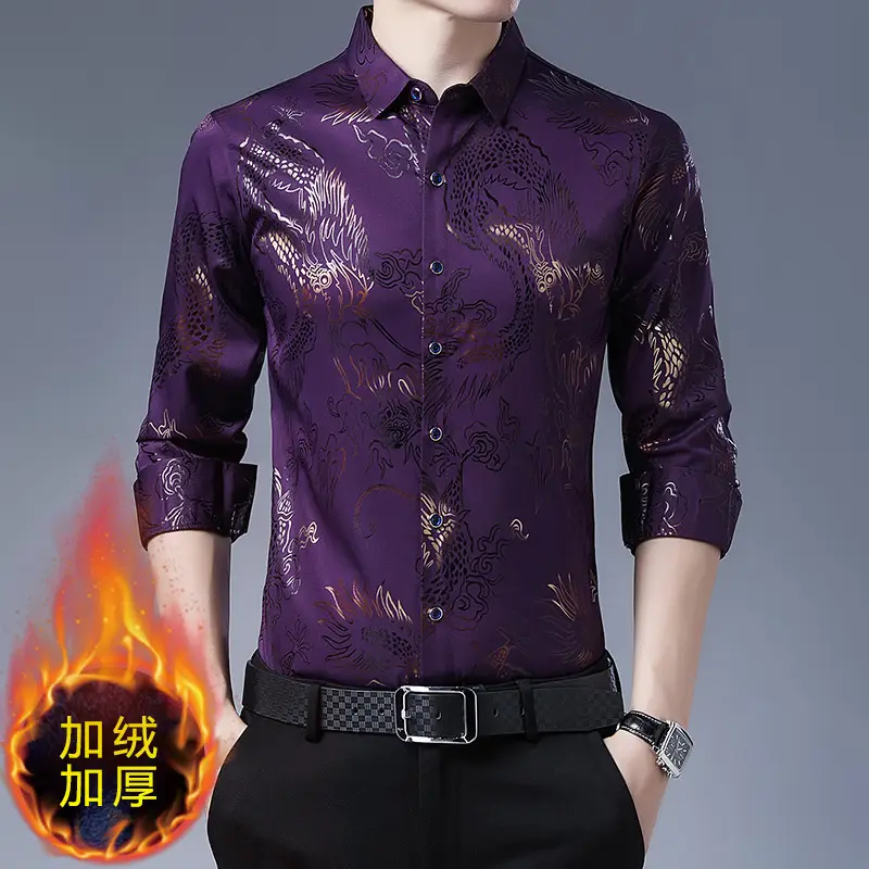 Men Velvet Dragon Pattern Long Sleeve Shirt Maroon - Image 5