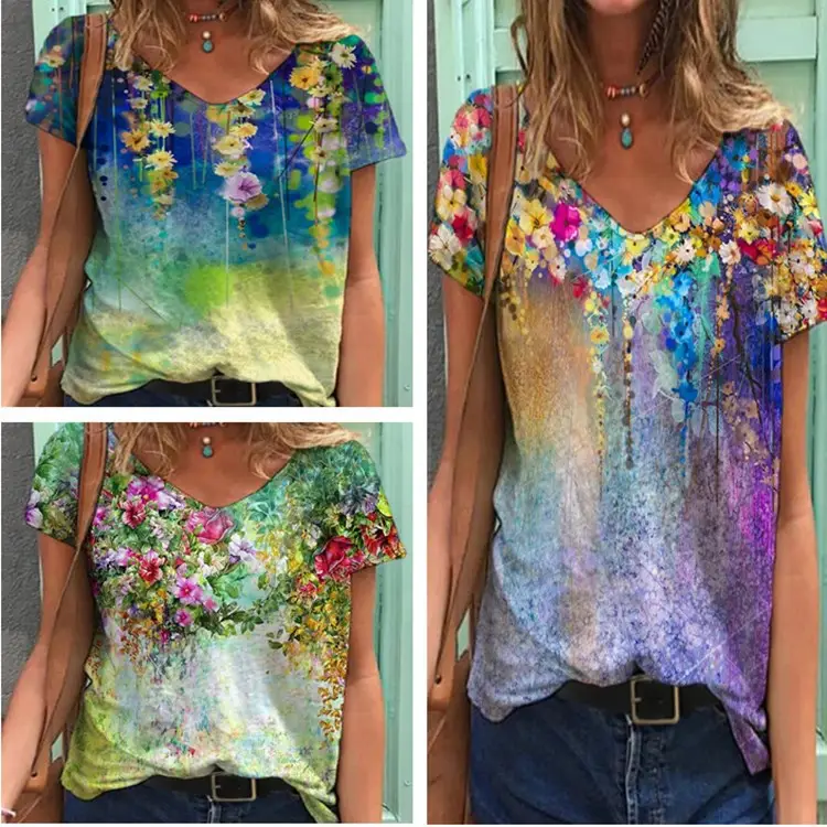 Women Floral Print T-Shirt Summer Wear V-Neck - Image 4