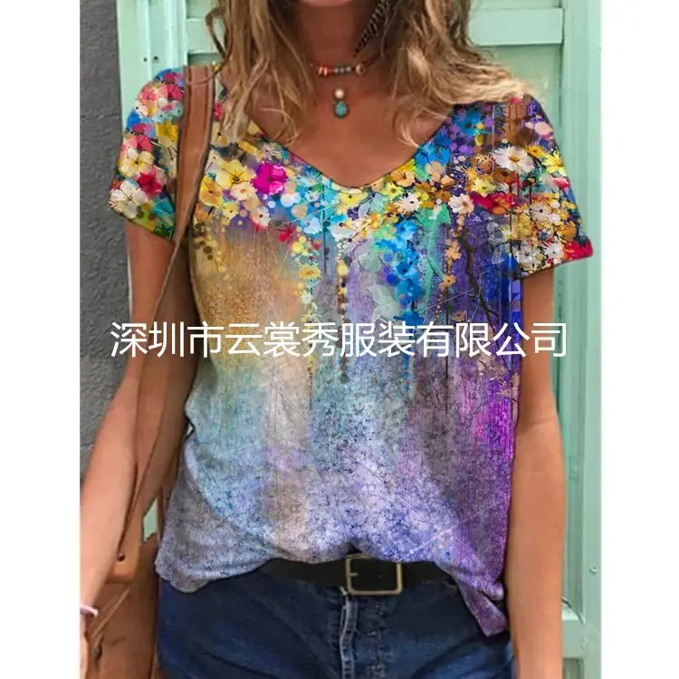Women Floral Print T-Shirt Summer Wear V-Neck - Image 2