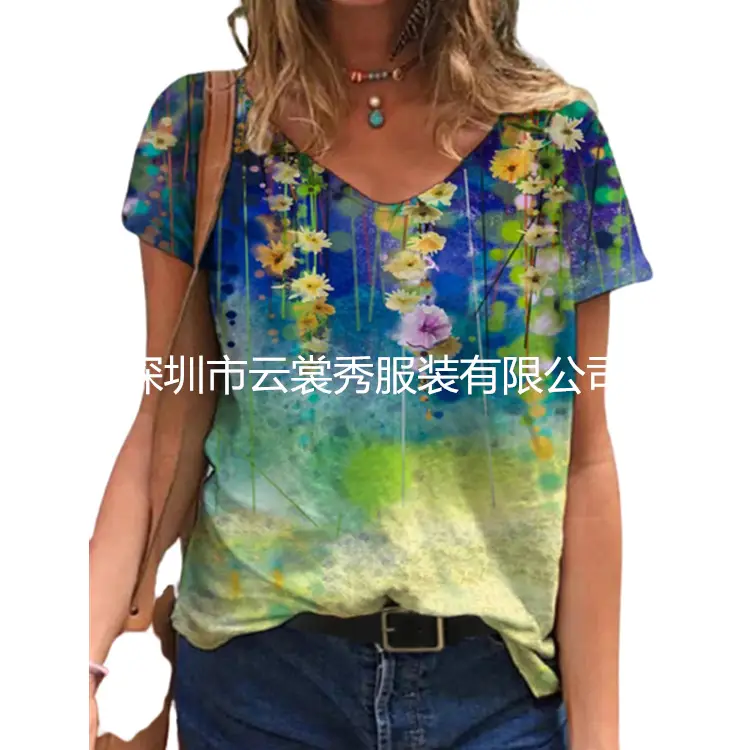 Women Floral Print T-Shirt Summer Wear V-Neck - Image 5