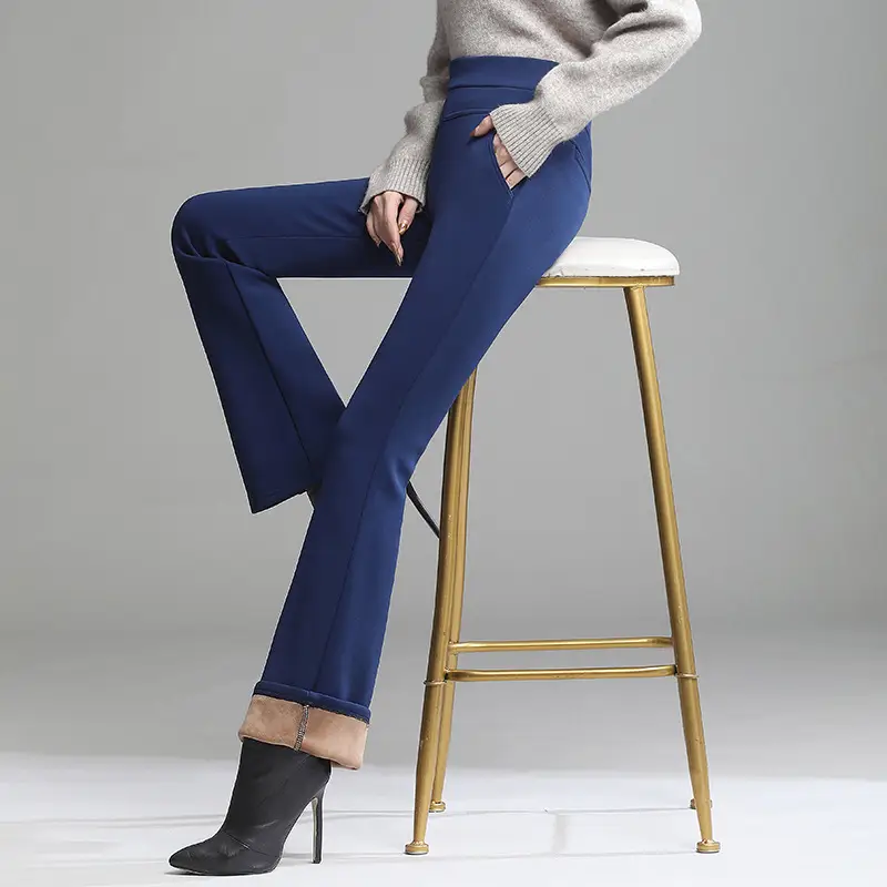 Women Fleece-lined Flared Pants Navy Blue Slim Fit - Image 3