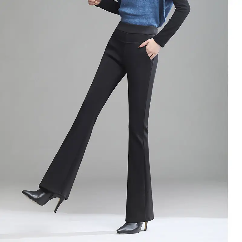 Women Fleece-lined Flared Pants Navy Blue Slim Fit - Image 4