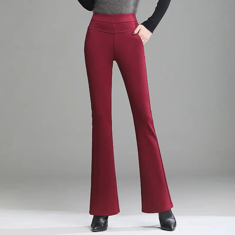 Women Fleece-lined Flared Pants Navy Blue Slim Fit - Image 5