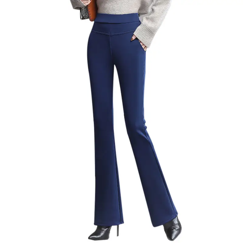 Women Fleece-lined Flared Pants Navy Blue Slim Fit - Image 6