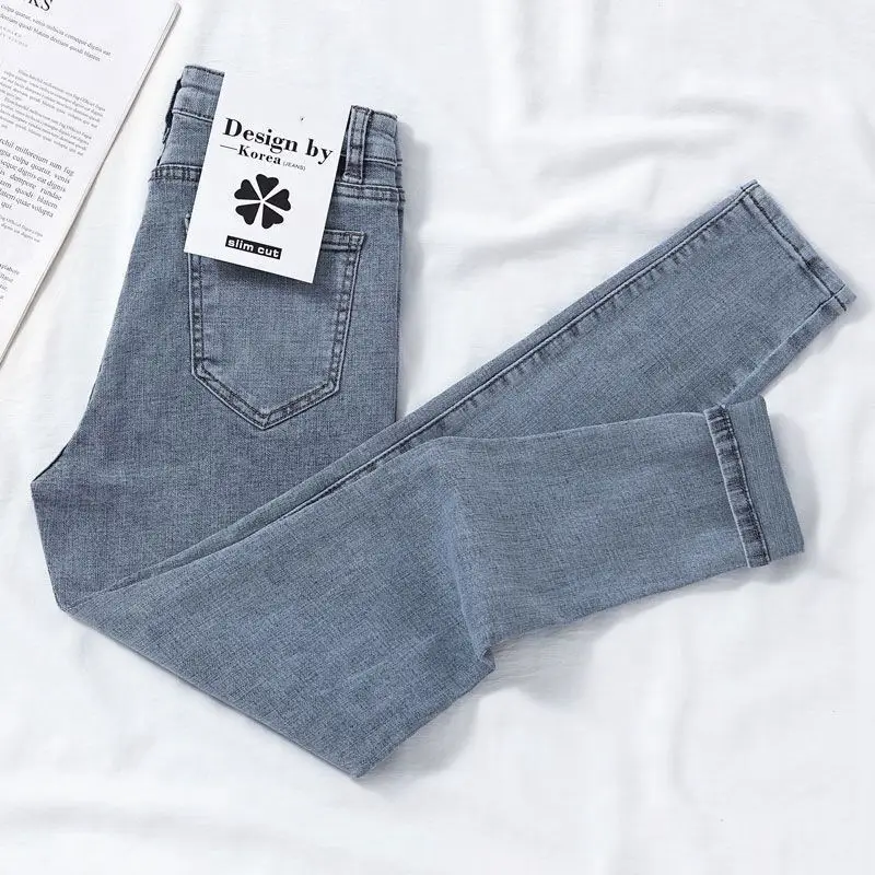 Women Slim Fit Korean Style Jeans 2025 Cropped Skinny