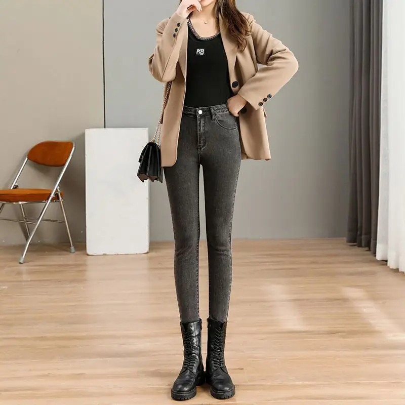 Women Slim Fit Korean Style Jeans 2025 Cropped Skinny