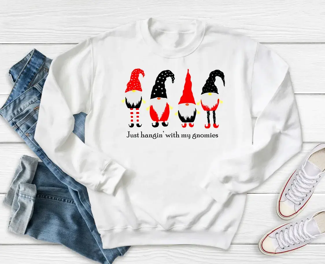 Christmas Colorful Crewneck Sweatshirt with Four Gnomes Print - Image 2