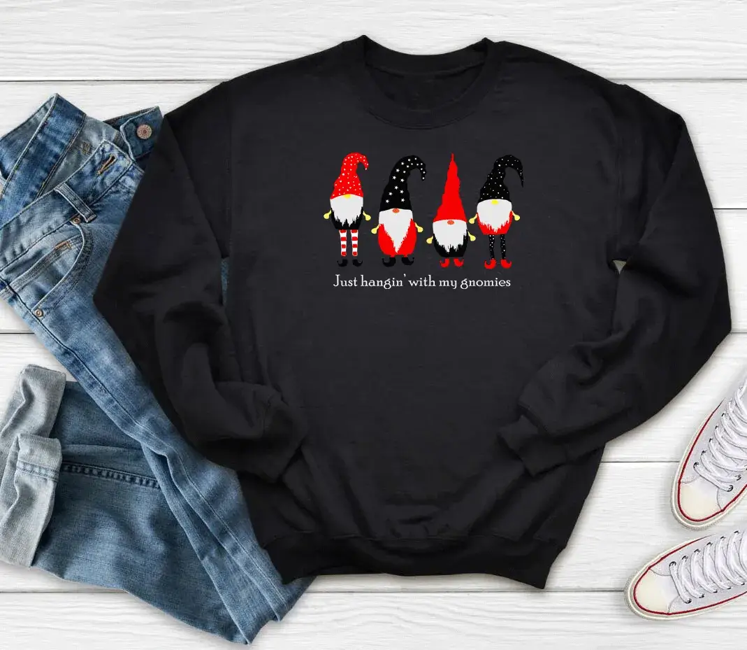 Christmas Colorful Crewneck Sweatshirt with Four Gnomes Print - Image 3