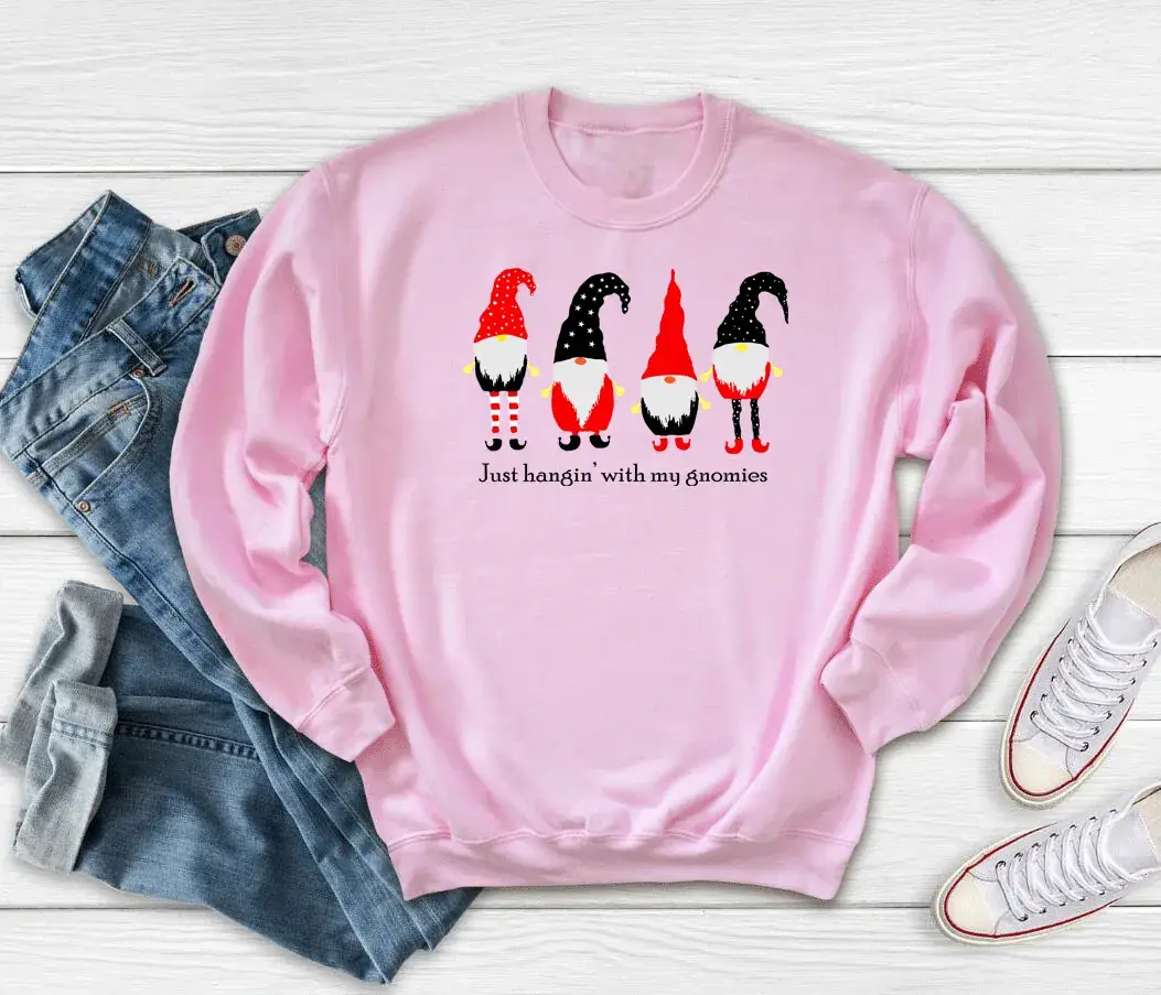 Christmas Colorful Crewneck Sweatshirt with Four Gnomes Print - Image 8