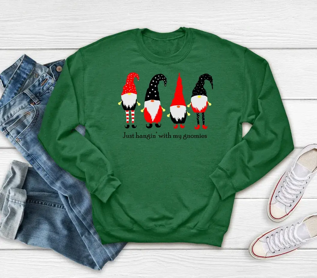 Christmas Colorful Crewneck Sweatshirt with Four Gnomes Print - Image 9