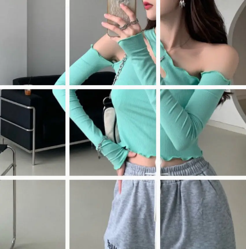 Women Black Shoulder Top T-Shirt Grey Sweatpants Set - Image 2