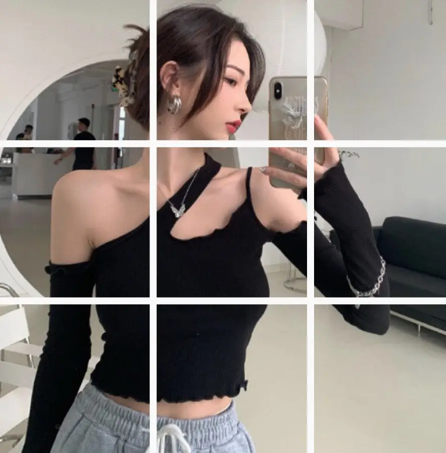 Women Black Shoulder Top T-Shirt Grey Sweatpants Set - Image 4