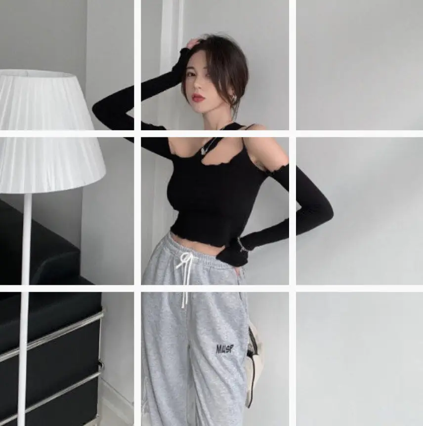 Women Black Shoulder Top T-Shirt Grey Sweatpants Set - Image 5