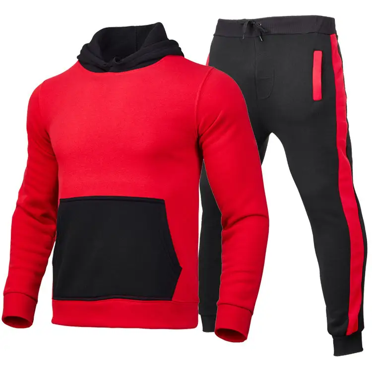 Men Red Hooded Sweatshirt & Black Pants Set