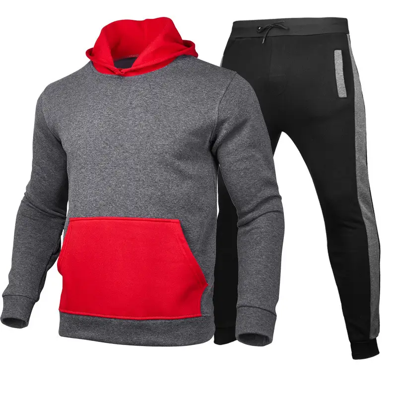 Men Red Hooded Sweatshirt & Black Pants Set