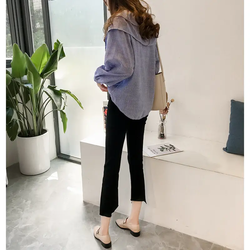 Women Blue Striped Long Sleeve Collar Top - Image 3