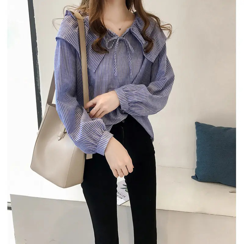 Women Blue Striped Long Sleeve Collar Top - Image 4