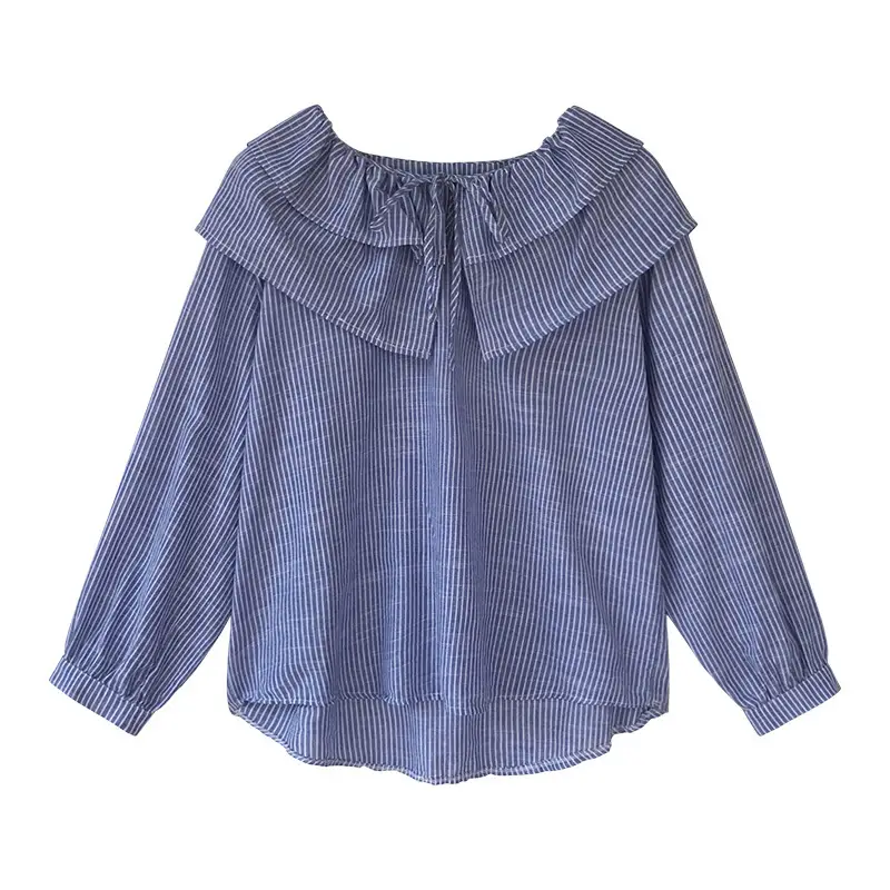 Women Blue Striped Long Sleeve Collar Top - Image 5