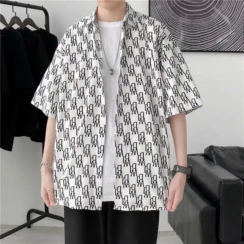 Men's Short Sleeve Printed Cardigan Shirt White Black - Image 3