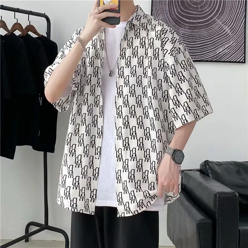 Men's Short Sleeve Printed Cardigan Shirt White Black - Image 4