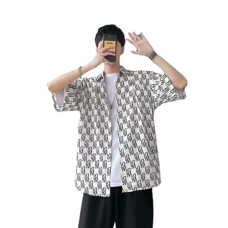 Men's Short Sleeve Printed Cardigan Shirt White Black - Image 7