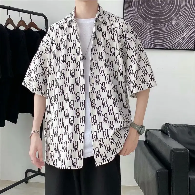 Men's Short Sleeve Printed Cardigan Shirt White Black - Image 2