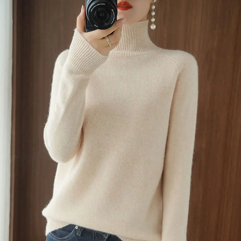 Women Wool Half Turtleneck Sweater Cream Solid - Image 12