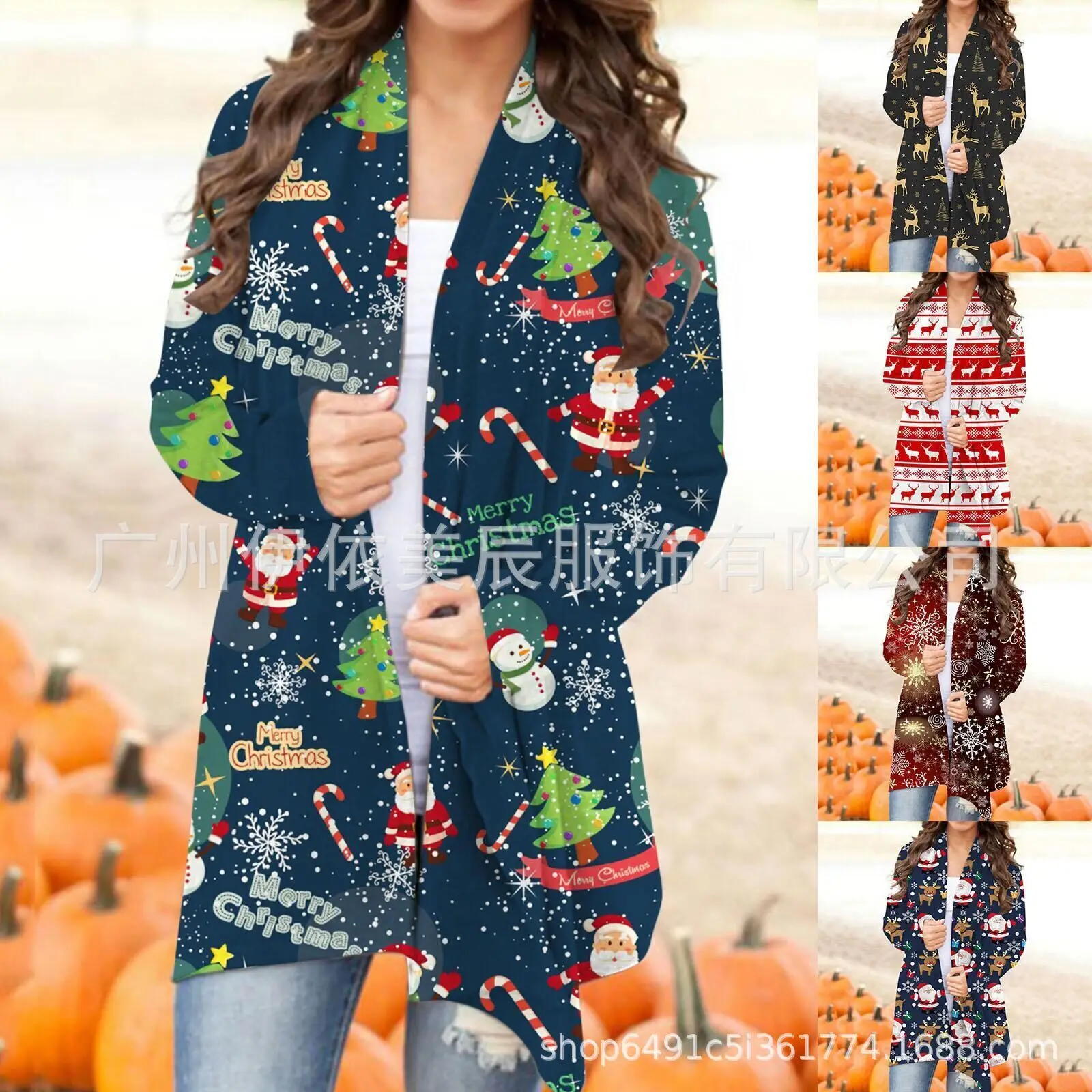 2021 Christmas Printed Cardigan Jacket Black Deer Tree Pattern - Image 18