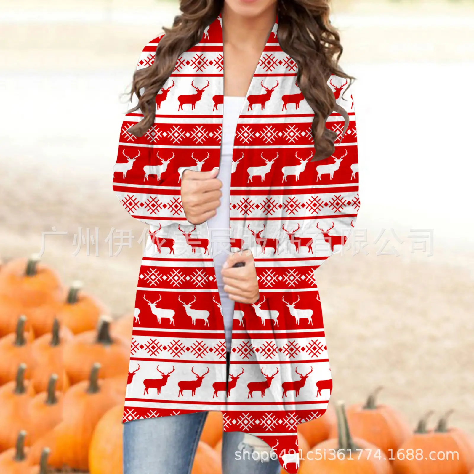 2021 Christmas Printed Cardigan Jacket Black Deer Tree Pattern - Image 19