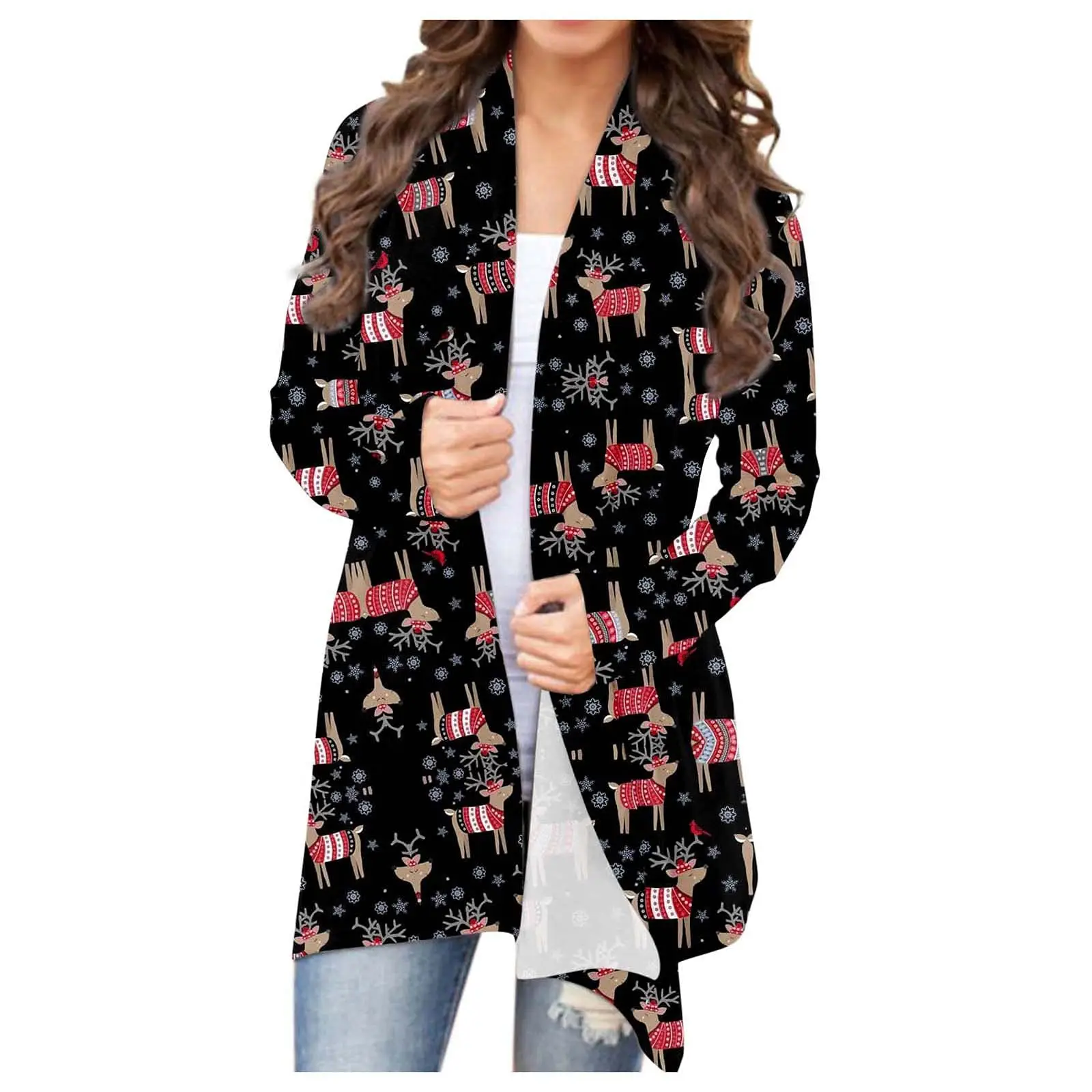 2021 Christmas Printed Cardigan Jacket Black Deer Tree Pattern - Image 12