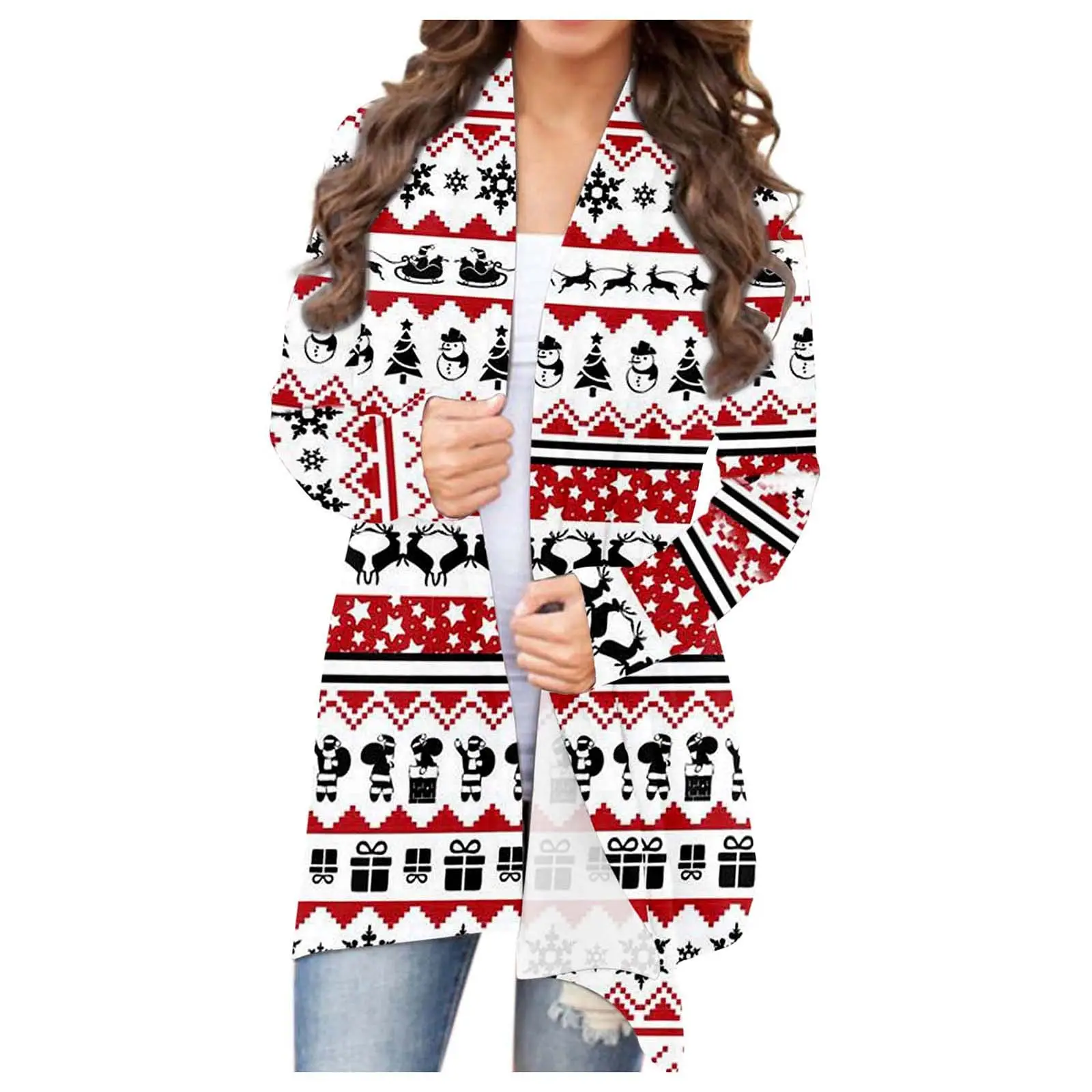 2021 Christmas Printed Cardigan Jacket Black Deer Tree Pattern - Image 13