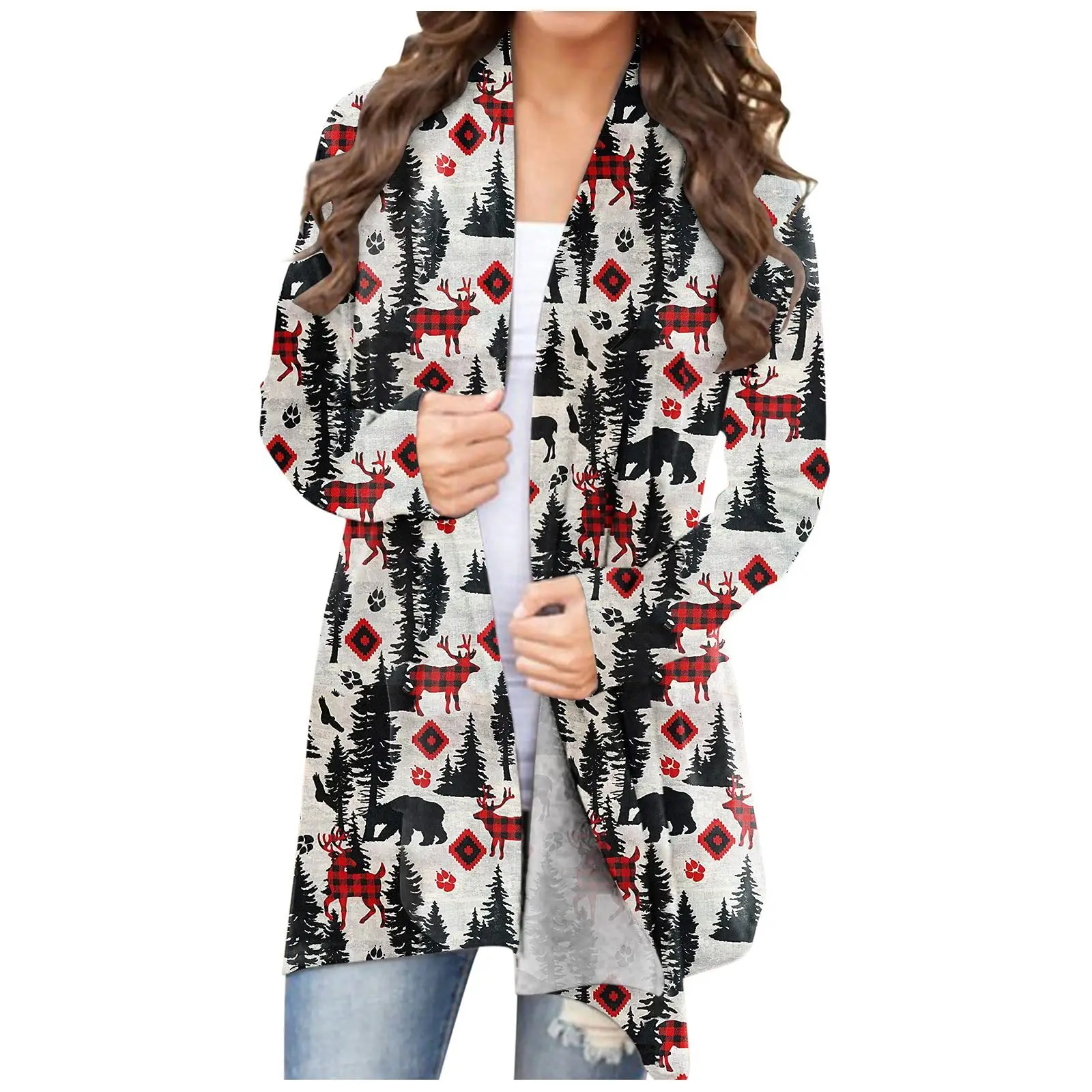 2021 Christmas Printed Cardigan Jacket Black Deer Tree Pattern - Image 16