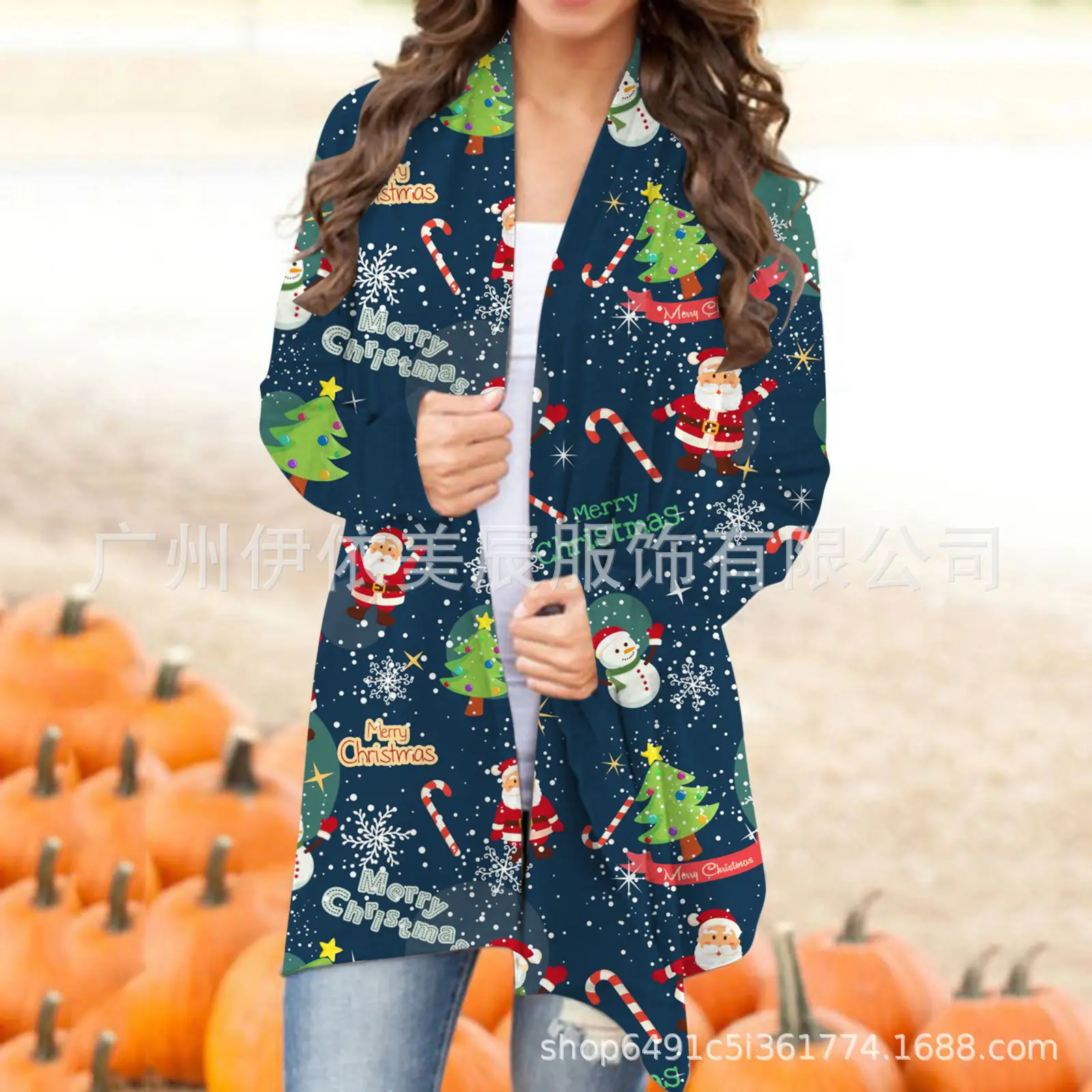 2021 Christmas Printed Cardigan Jacket Black Deer Tree Pattern - Image 7