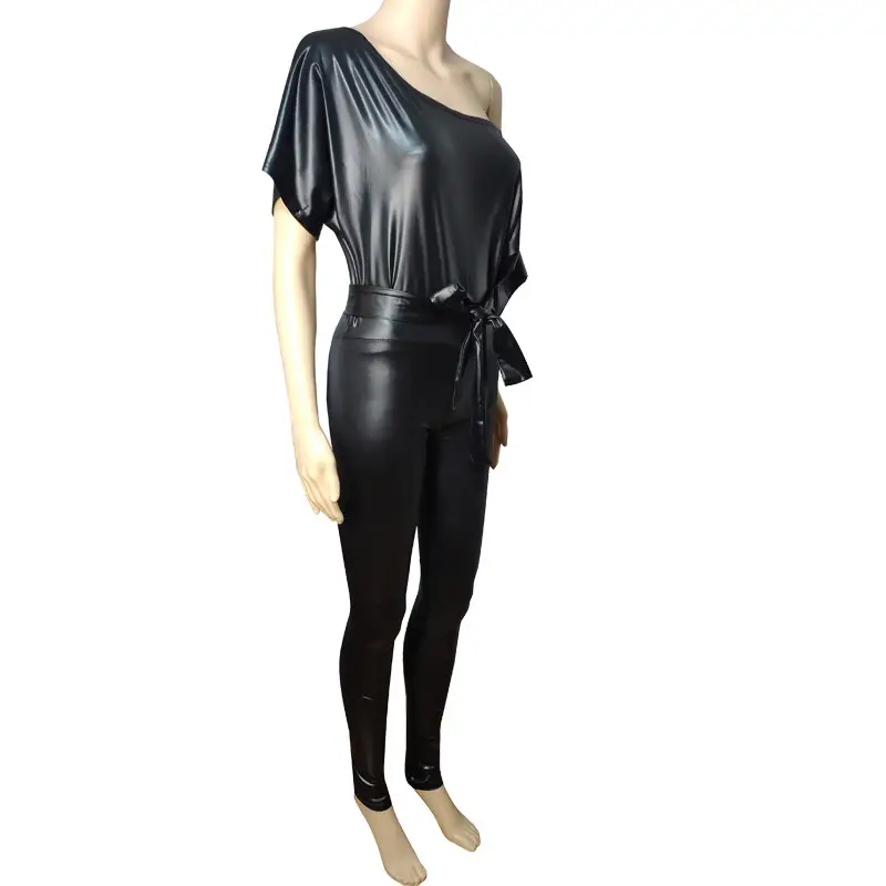 New Imitation Leather Jumpsuit Strappy Off-Shoulder Sexy Tight - Image 16