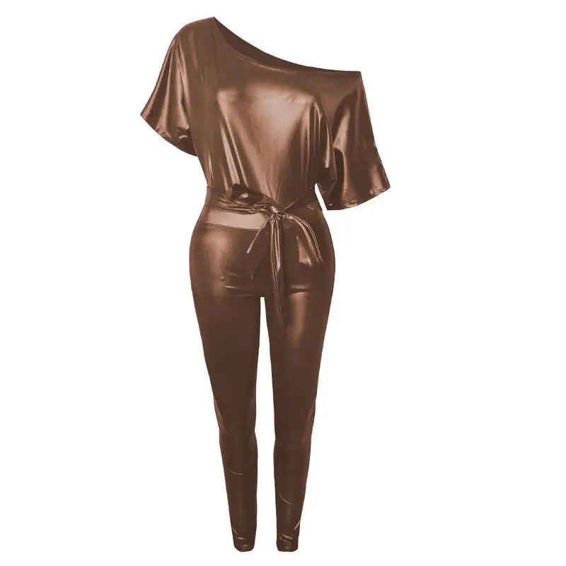 New Imitation Leather Jumpsuit Strappy Off-Shoulder Sexy Tight - Image 4