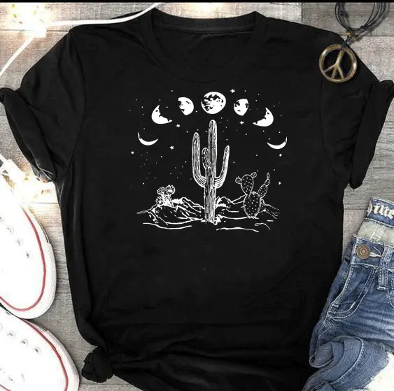Gray Short Sleeve T-Shirt with Starry Sky Cactus Print - Image 2