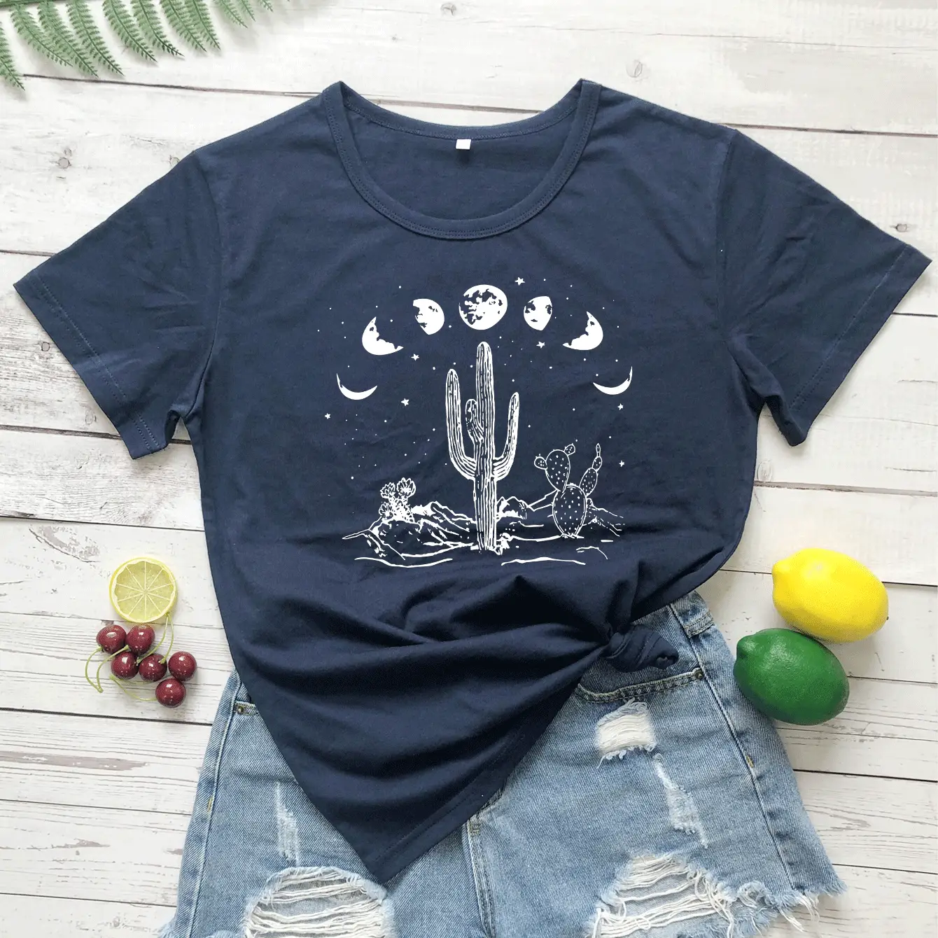 Gray Short Sleeve T-Shirt with Starry Sky Cactus Print - Image 10