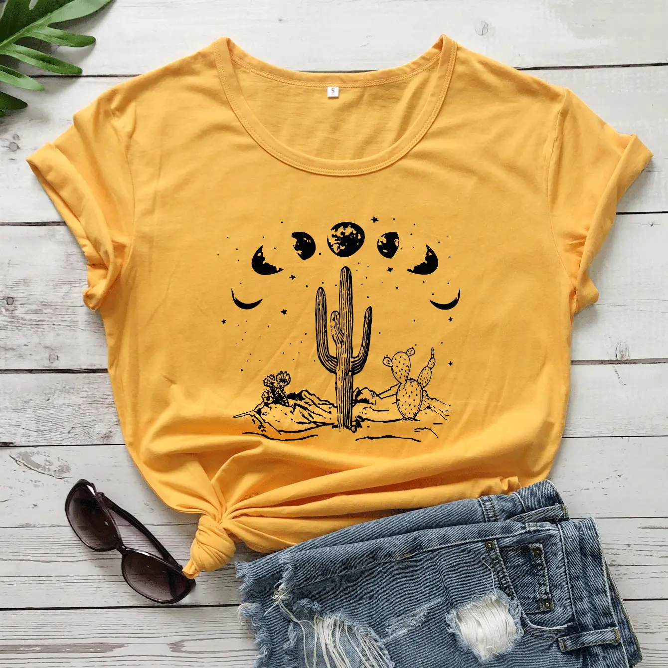 Gray Short Sleeve T-Shirt with Starry Sky Cactus Print - Image 5