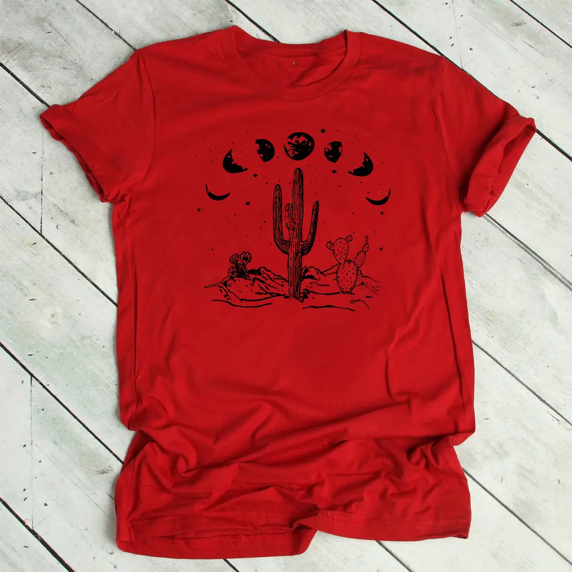 Gray Short Sleeve T-Shirt with Starry Sky Cactus Print - Image 6
