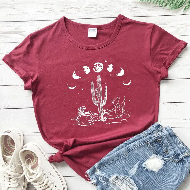 Gray Short Sleeve T-Shirt with Starry Sky Cactus Print - Image 7