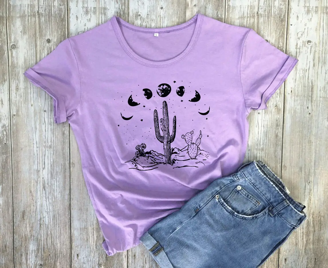 Gray Short Sleeve T-Shirt with Starry Sky Cactus Print - Image 8