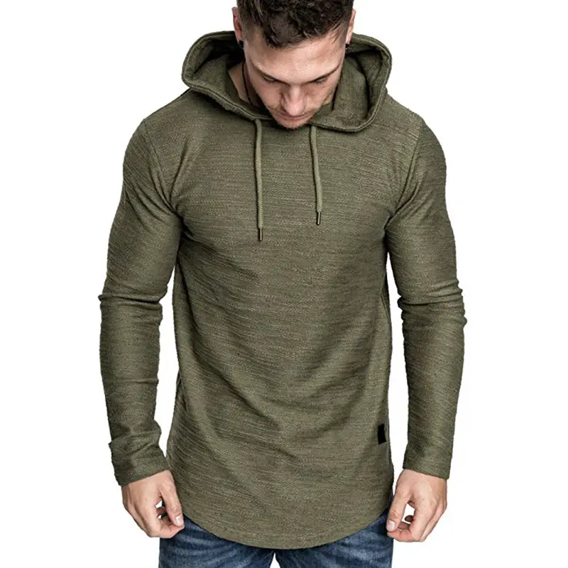 Men's Tan Hooded T-Shirt Solid Color Winter Casual Wear