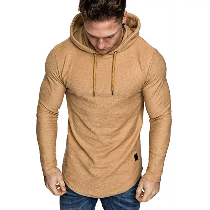 Men's Tan Hooded T-Shirt Solid Color Winter Casual Wear