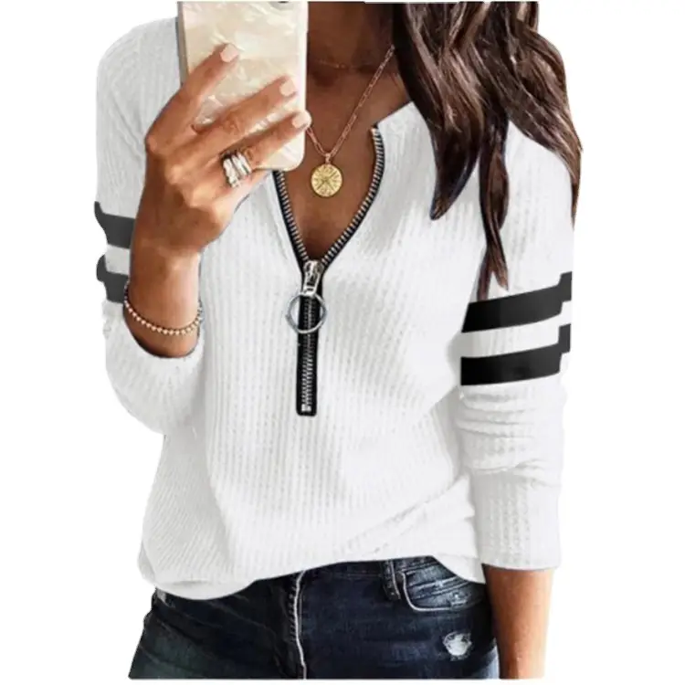 Women Blue Knitted Long Sleeve T-Shirt with Zip Front - Image 11