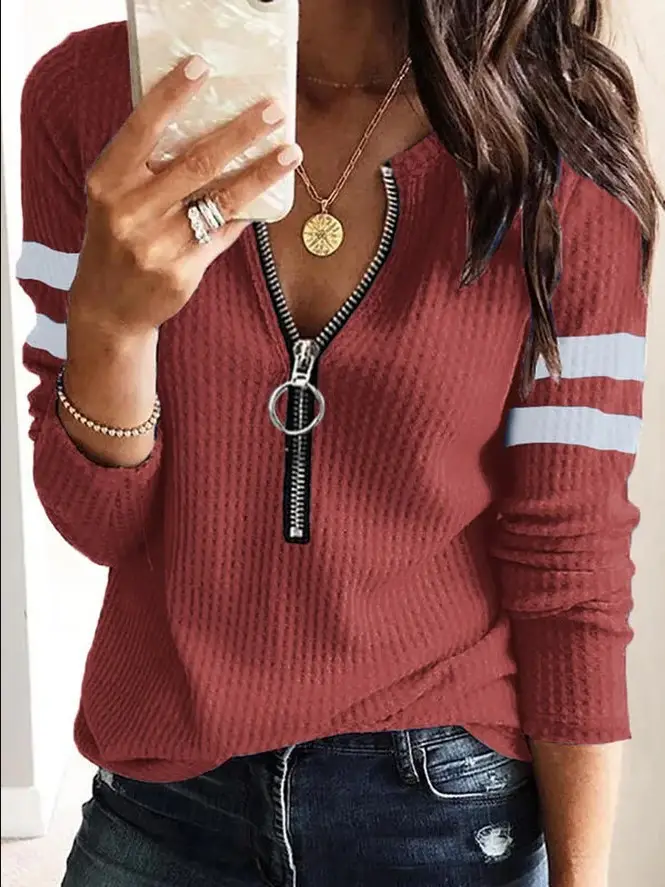 Women Blue Knitted Long Sleeve T-Shirt with Zip Front - Image 3