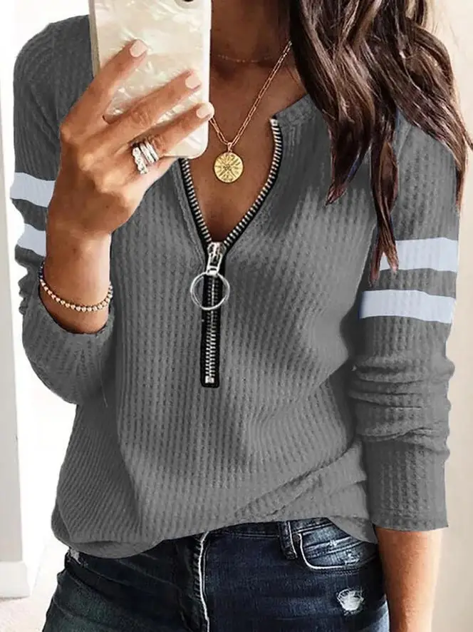 Women Blue Knitted Long Sleeve T-Shirt with Zip Front - Image 4