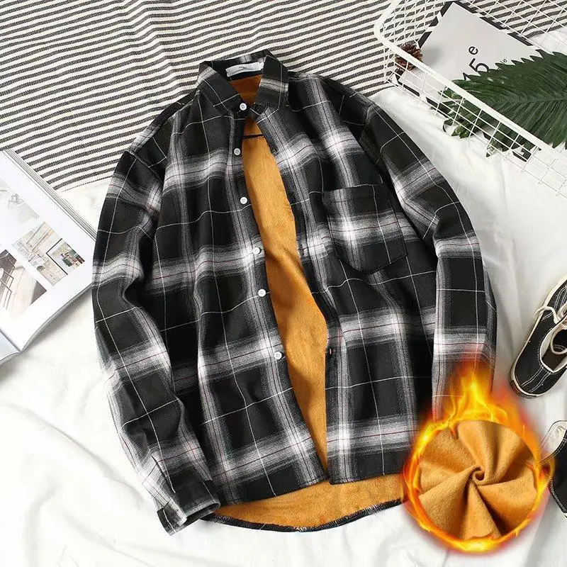 Men's Fleece Plaid Shirt Red Black Long Sleeve Warm Winter Jacket - Image 5